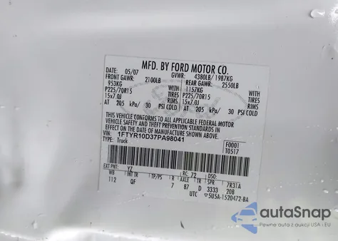 2007 Ford Ranger Stx/Xl/Xlt z USA, uszkodzony, nr VIN 1FTYR10D37PA98041